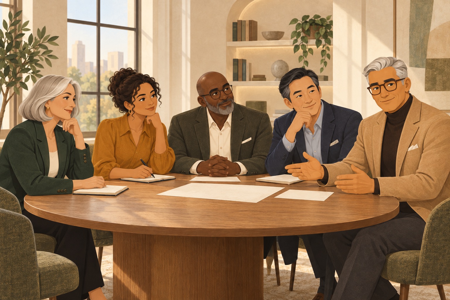 Daddy and four illustrated AI advisors listening around an oak table