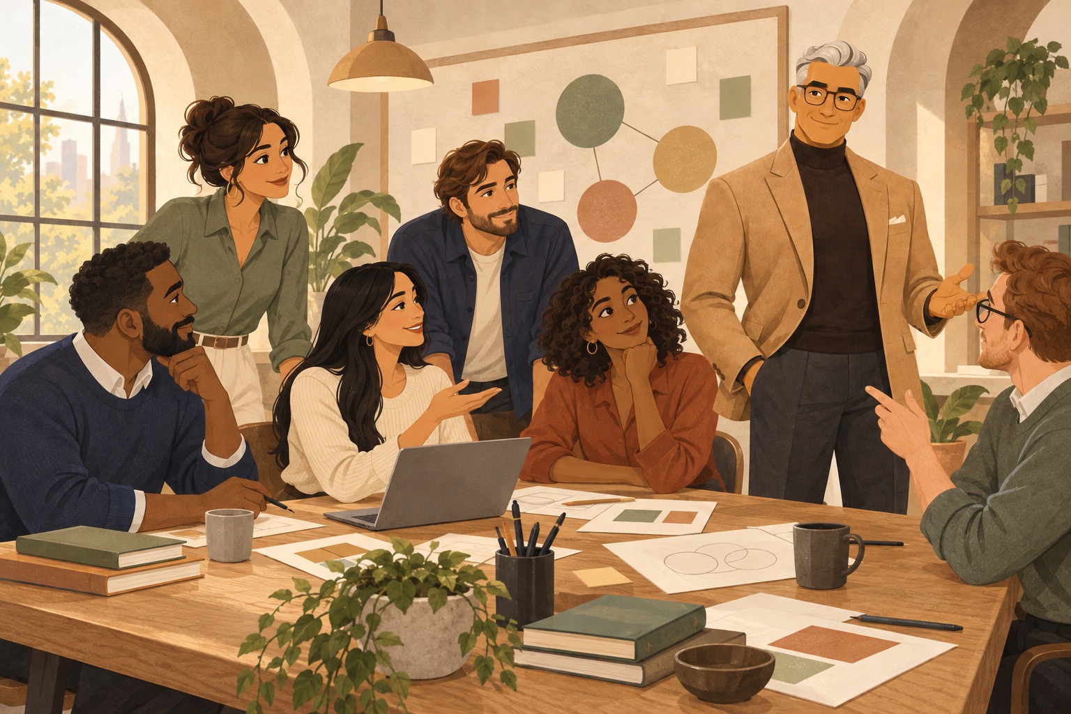 Daddy facilitating a lively discussion among illustrated AI role characters