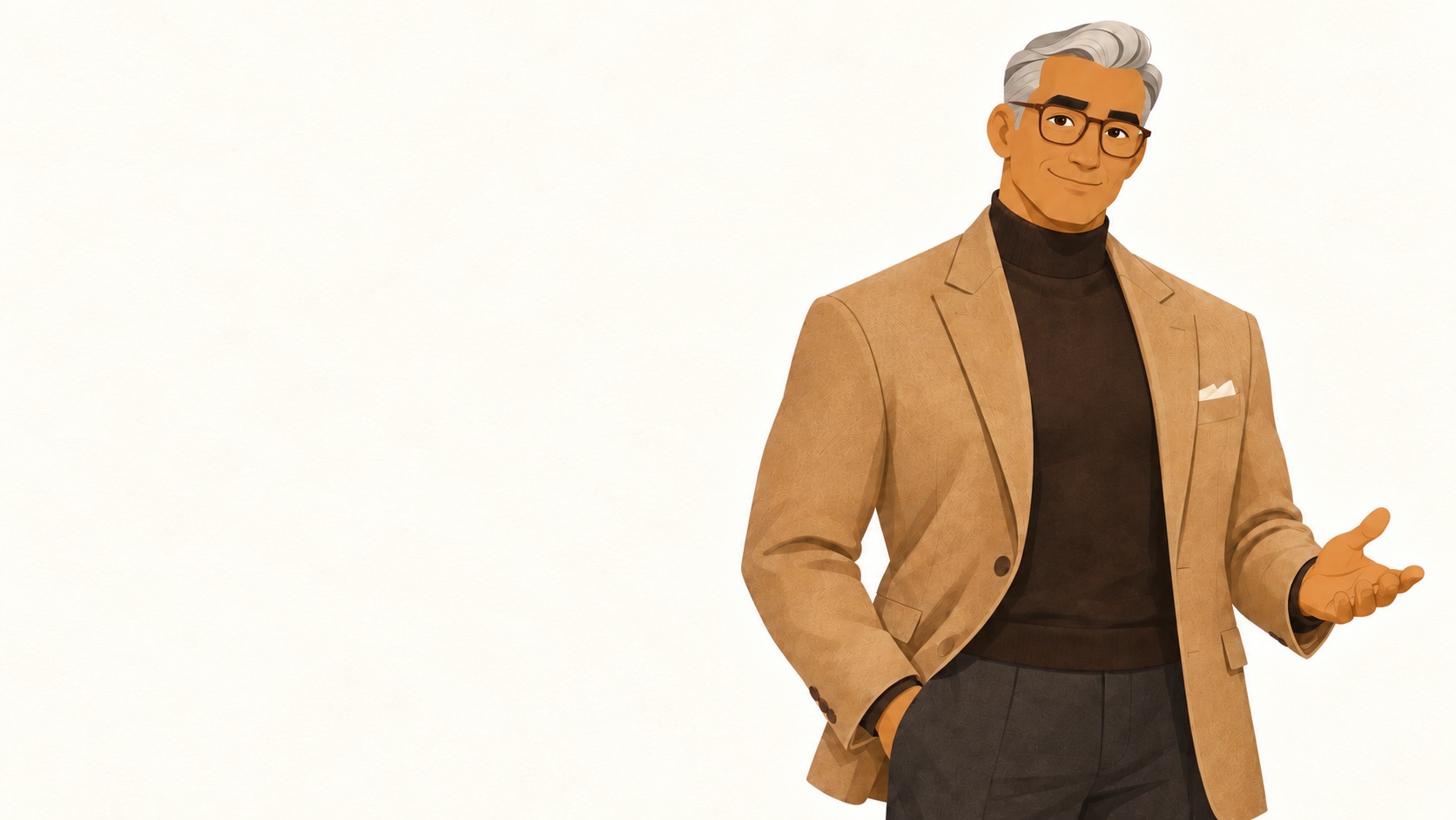 Daddy, in his camel blazer and glasses, welcoming you with an open hand
